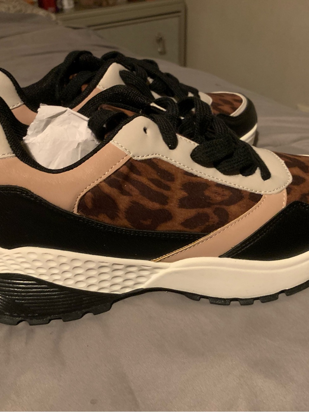 Shoe Dazzle Leopard Print Platform Sneakers - Black, Tan, Cream